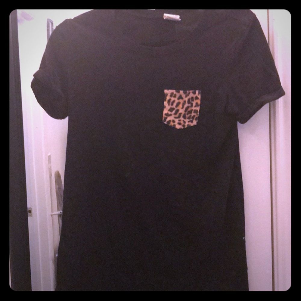 Black T-Shirt with Cheetah Print Pocket